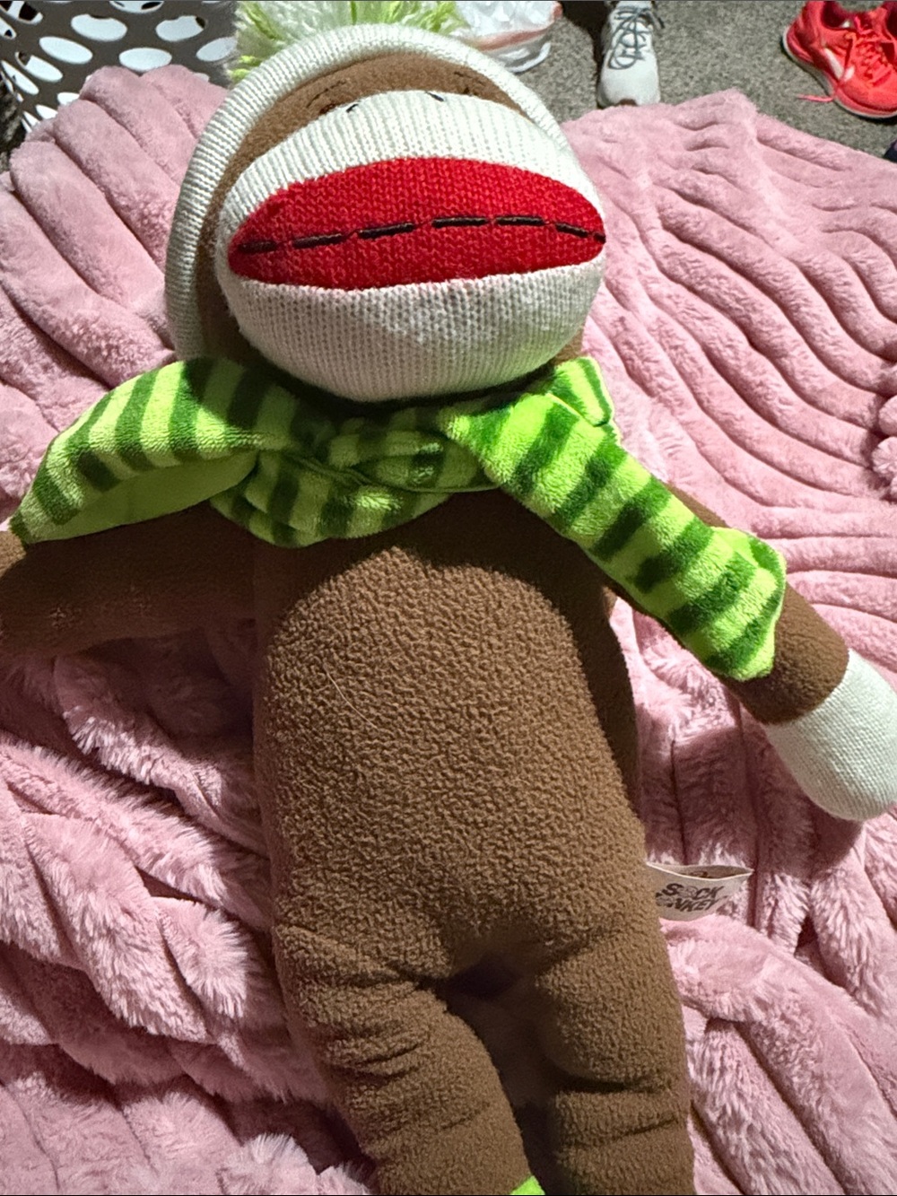 Classic Brown Sock Monkey Plush with Green Striped Scarf